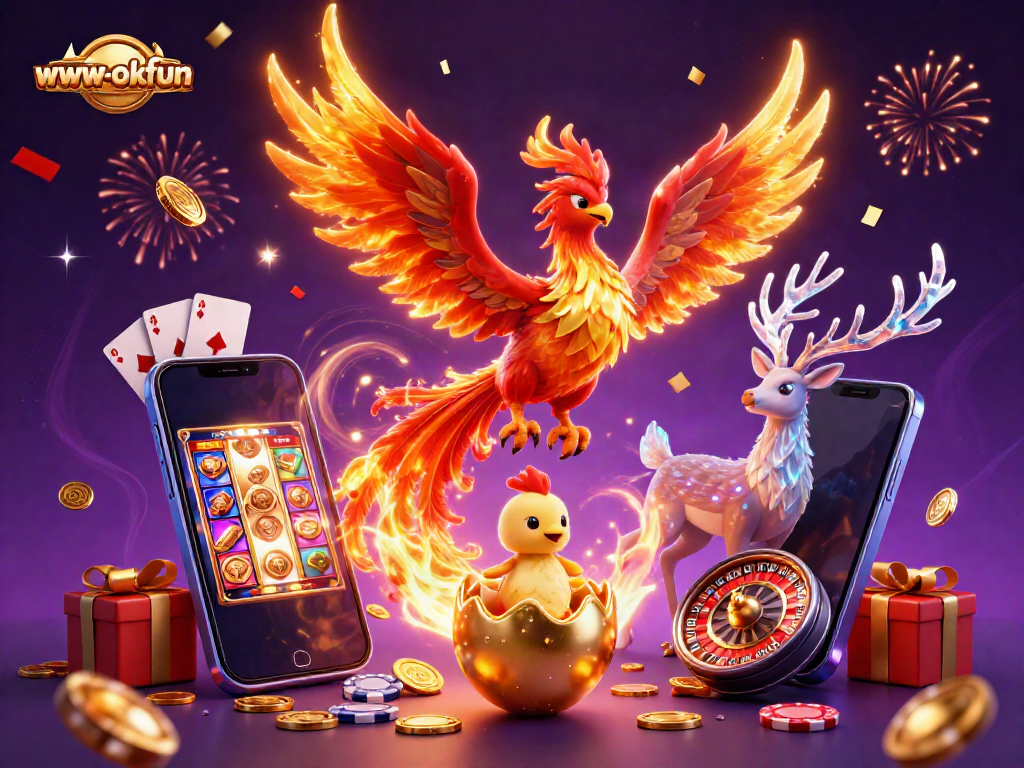 Experience thrilling jackpots with the vibrant characters at www-okfun, featuring a phoenix and gaming elements.