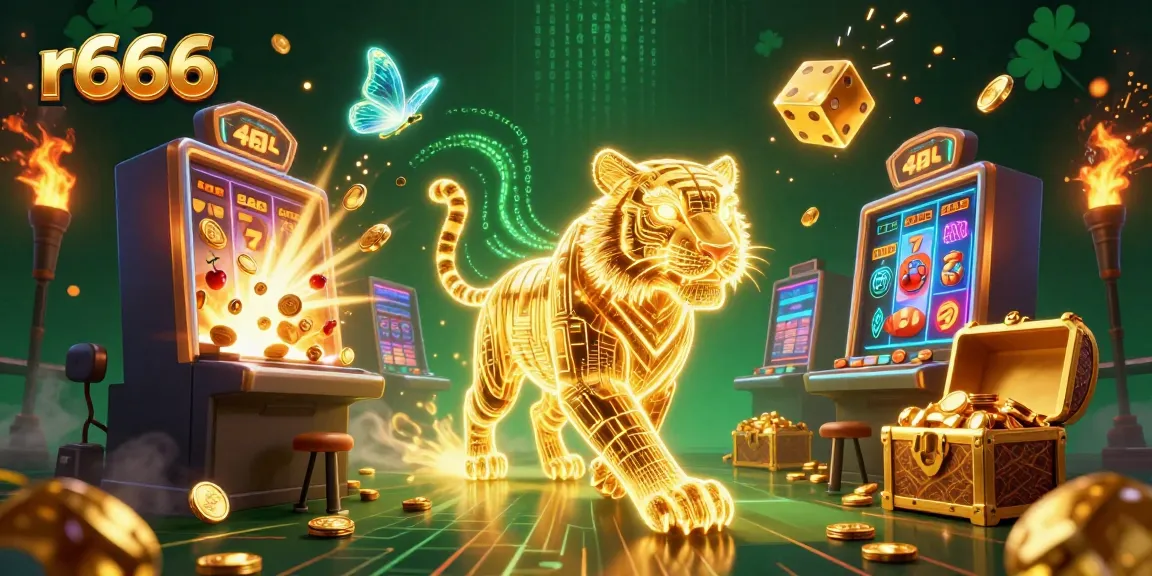 Experience thrilling gaming with r666 in a vibrant 3D casino landscape featuring iconic slot machines and vibrant prizes.