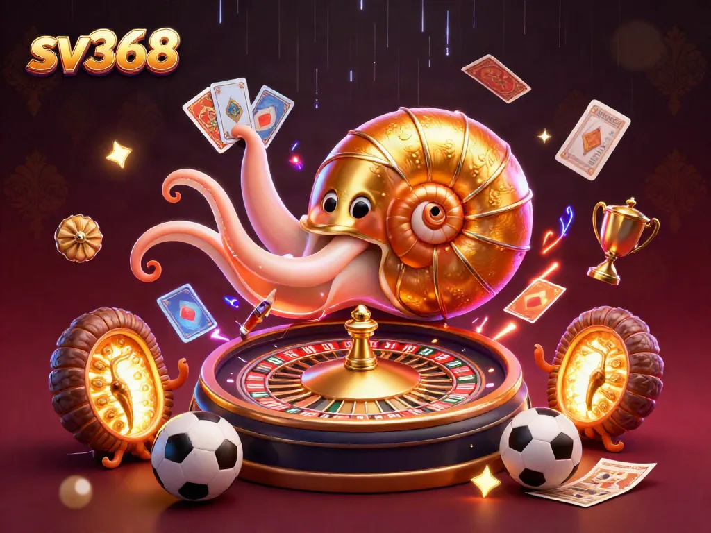 sv368 showcases a vibrant casino scene with a giant nautilus roulette wheel surrounded by dynamic sports betting elements.