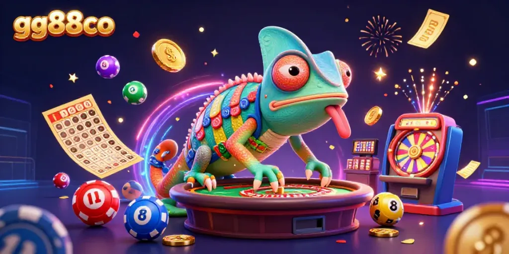 Engage with gg88co's vibrant casino world featuring a colorful chameleon and dynamic gaming elements.