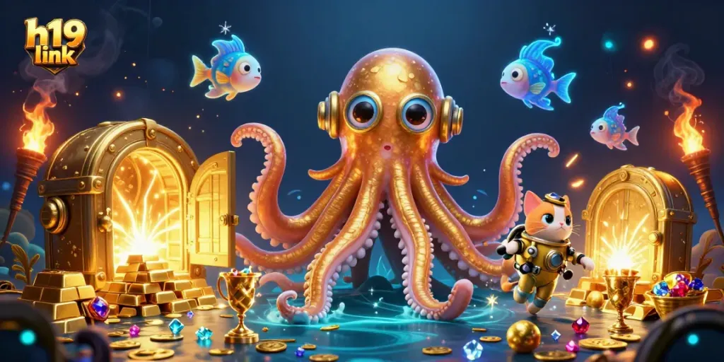 Play the h19 link game in a vibrant scene with treasures and a kraken amidst dazzling casino elements.