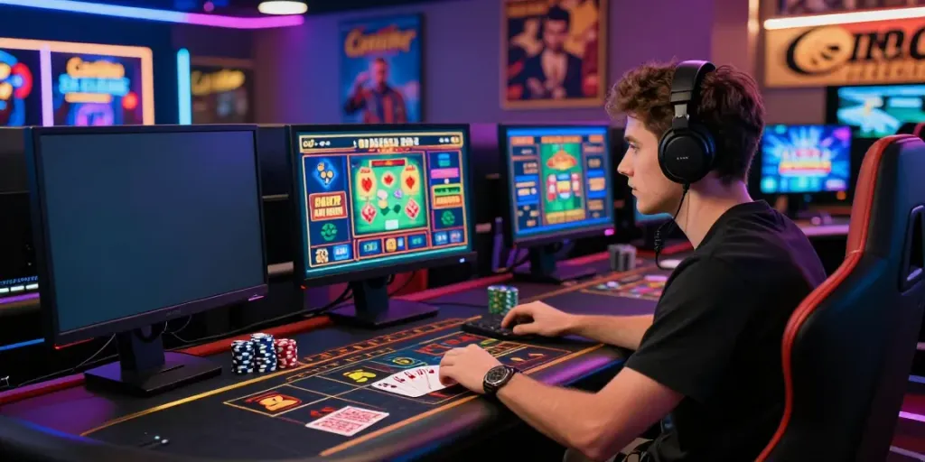 Player engaging in Casino En Ligne on a multi-screen setup with vibrant gaming visuals.