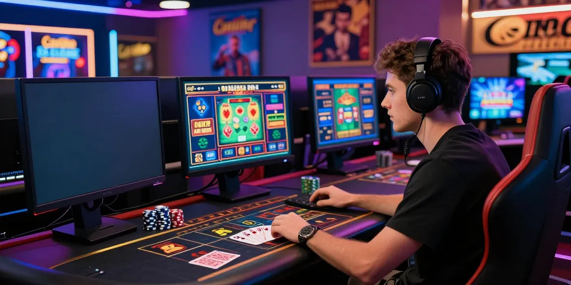 Player engaging in Casino En Ligne on a multi-screen setup with vibrant gaming visuals.