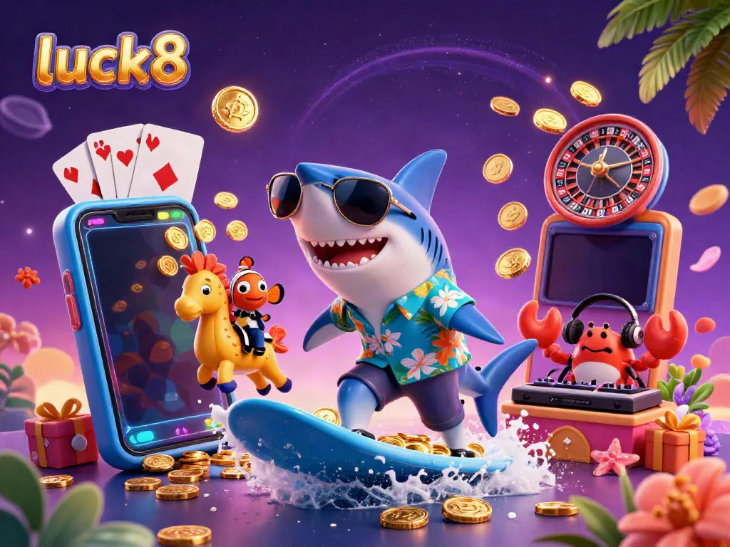 Experience thrill and excitement at luck8 with a fun-filled illustration featuring a shark surfing on gold coins amidst dazzling casino elements.