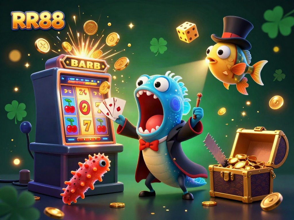 Experience the excitement of RR88 with vibrant characters and magical casino elements in this dynamic illustration.