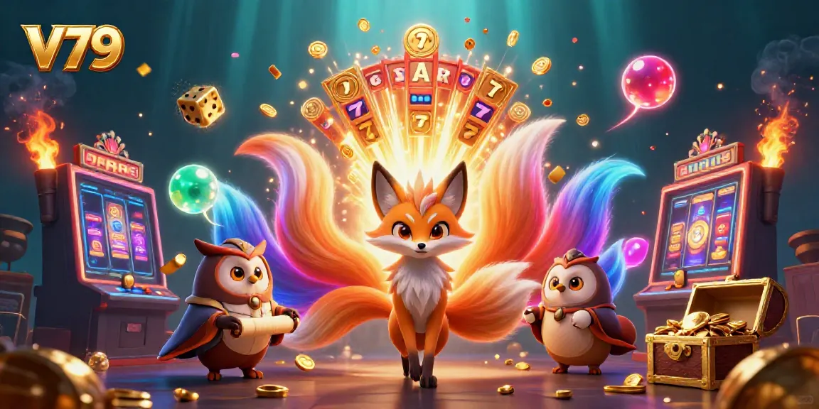Experience thrilling gameplay with V79's vibrant imagery of a nine-tailed fox, an owl, and a jackpot slot machine.