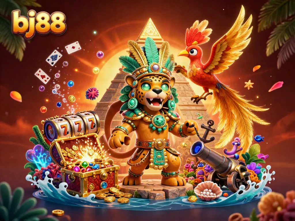 Play slots and jackpot games at bj88 with a Mayan priest and treasures in vibrant underwater scene.