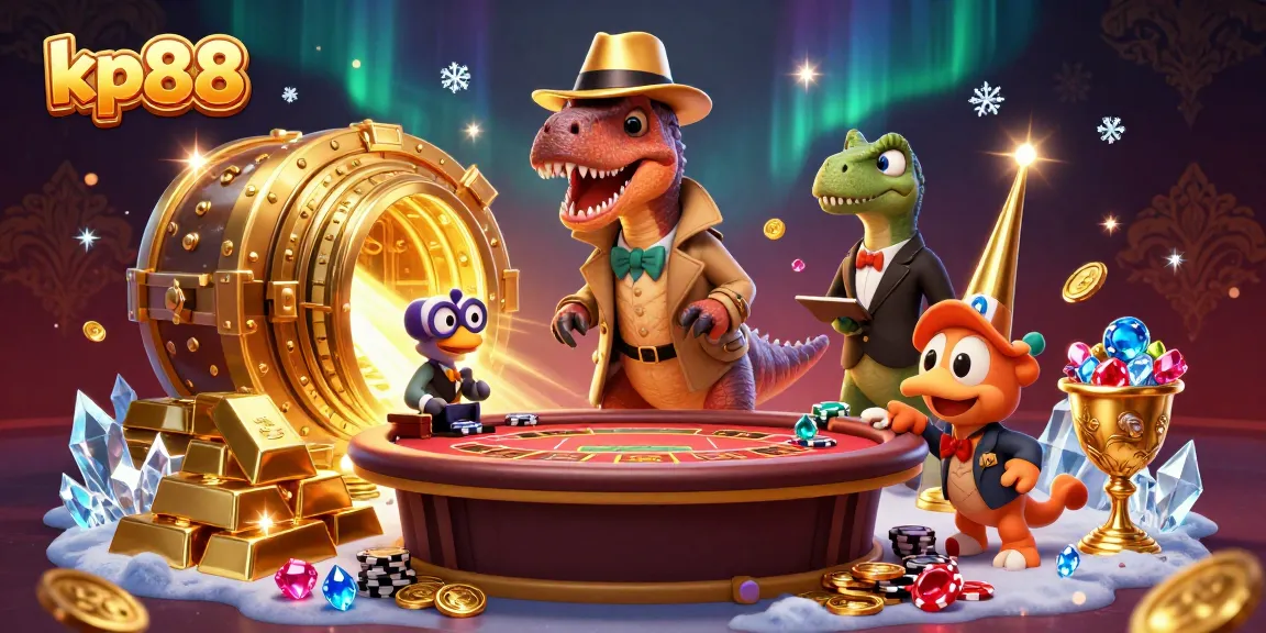 kp88 players engaging with a velociraptor card counter at a vibrant casino table surrounded by treasures.