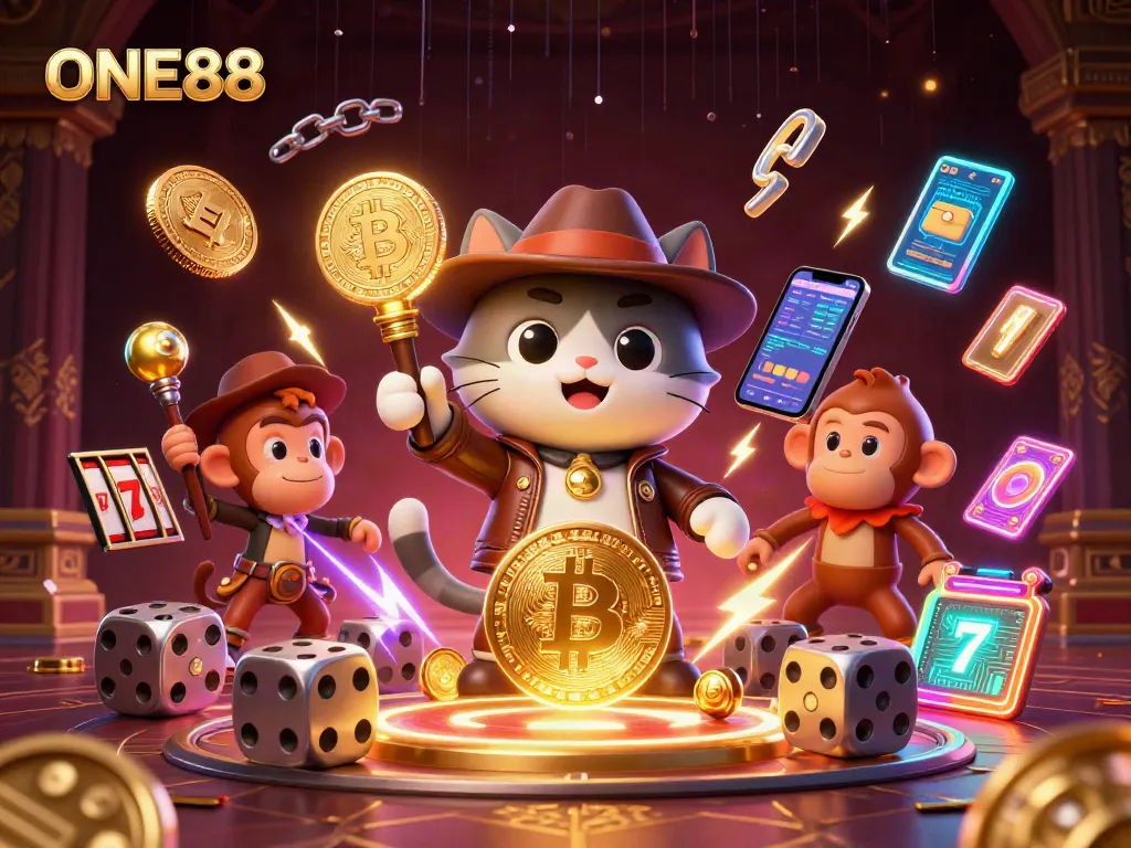Engage with ONE88's captivating casino adventure featuring a cartoon archaeologist cat discovering treasures.
