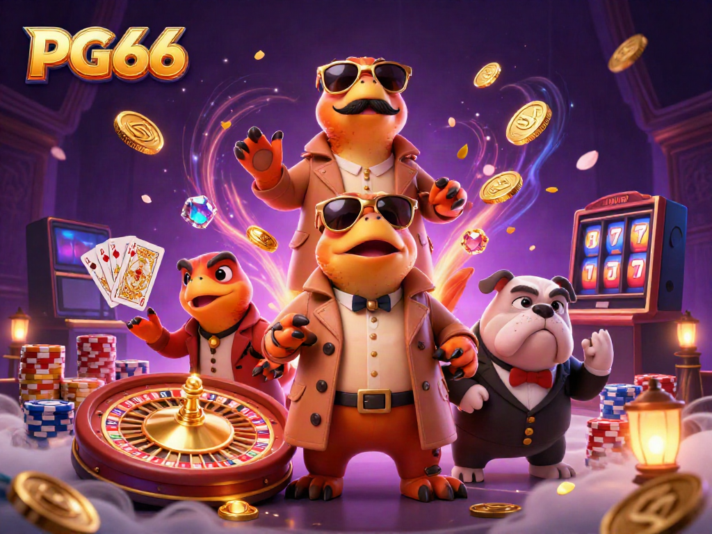Experience the excitement of PG66's online gaming with vibrant casino-themed 3D art.