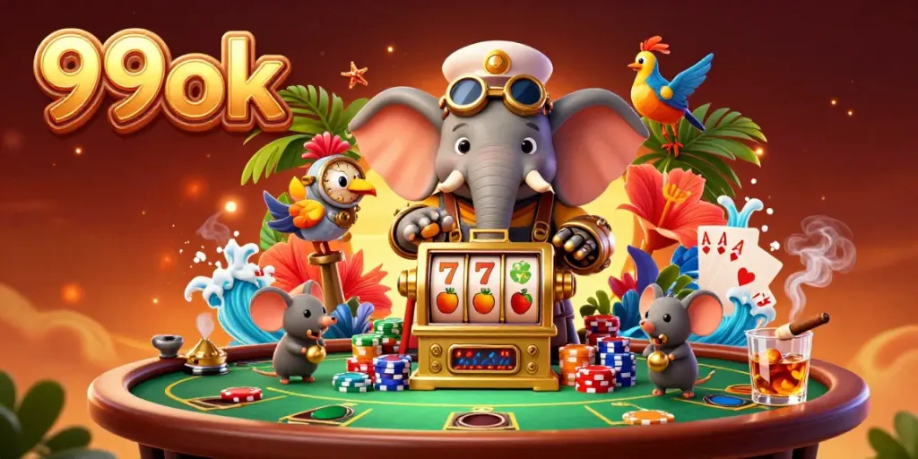 Engage in thrilling gameplay adventures at 99ok with a whimsical steampunk elephant at a vibrant slot machine.