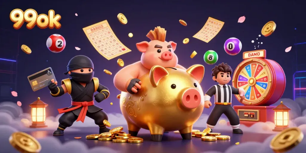 Experience thrilling wins at 99ok with a vibrant scene of a golden sumo piggy bank, colorful lottery elements, and engaging gameplay.