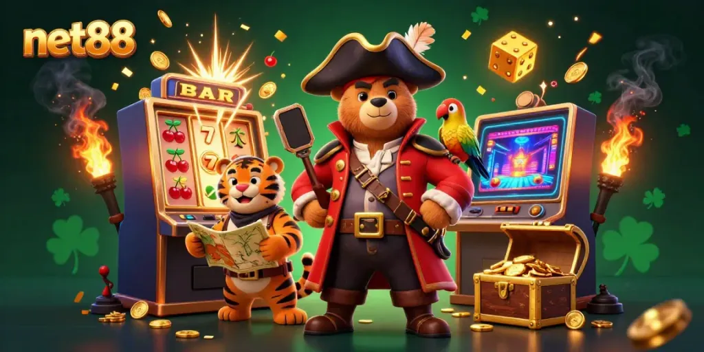 Spin and win at net88 with a vibrant pirate-themed casino scene, featuring exciting game elements.