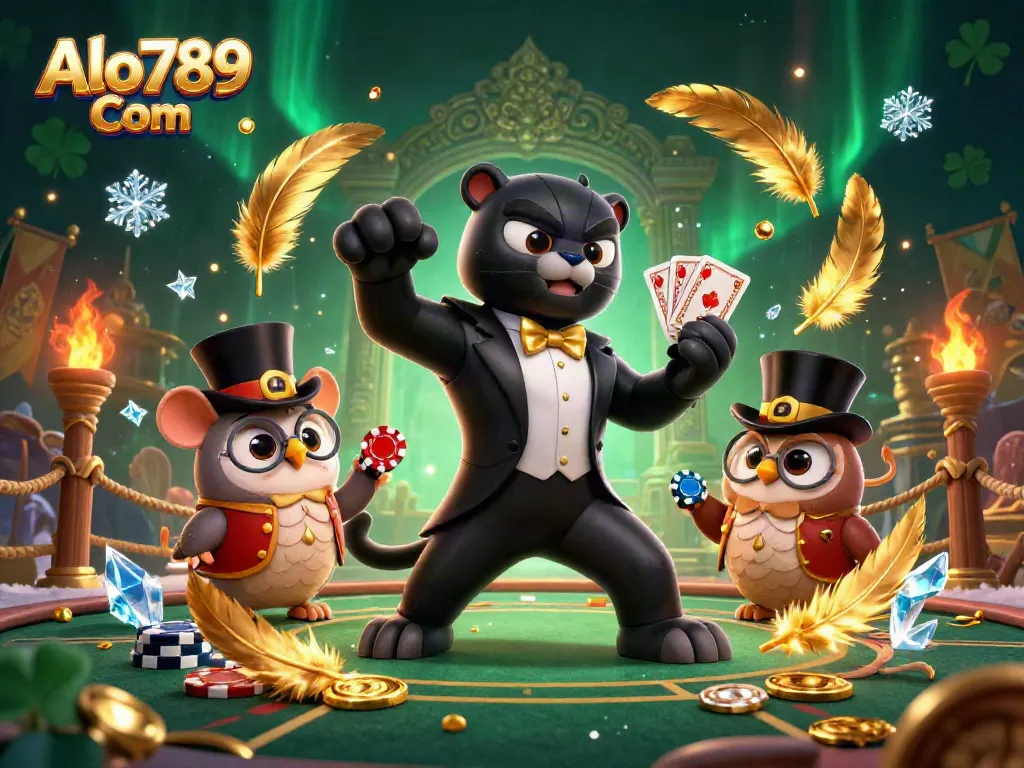 Experience the thrill of Alo789 Com with a stylish black panther dealing cards in a lively casino scene.