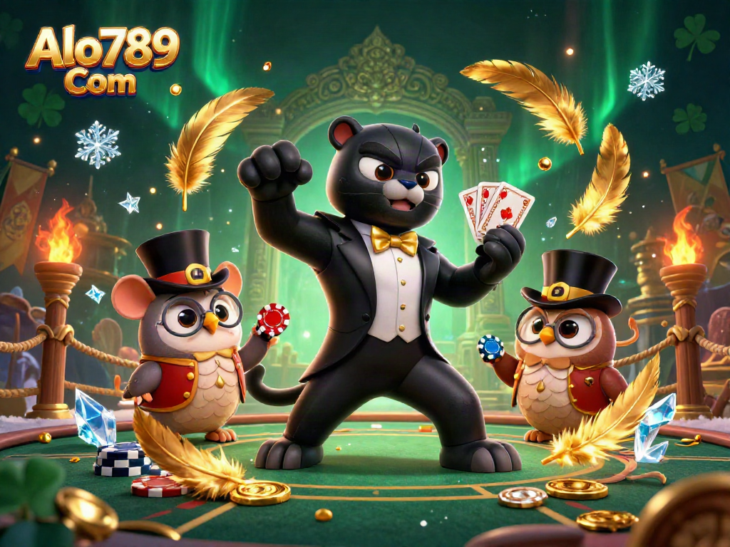 Experience the thrill of Alo789 Com with a stylish black panther dealing cards in a lively casino scene.