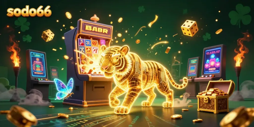 Experience the thrilling world of SODO66 with an energetic scene featuring vibrant casino elements and a golden tiger.