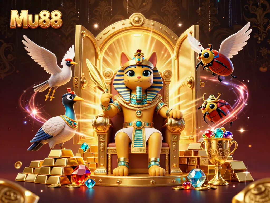 Experience the excitement of Mu88 with a vibrant scene featuring casino treasures and a pharaoh cat character.