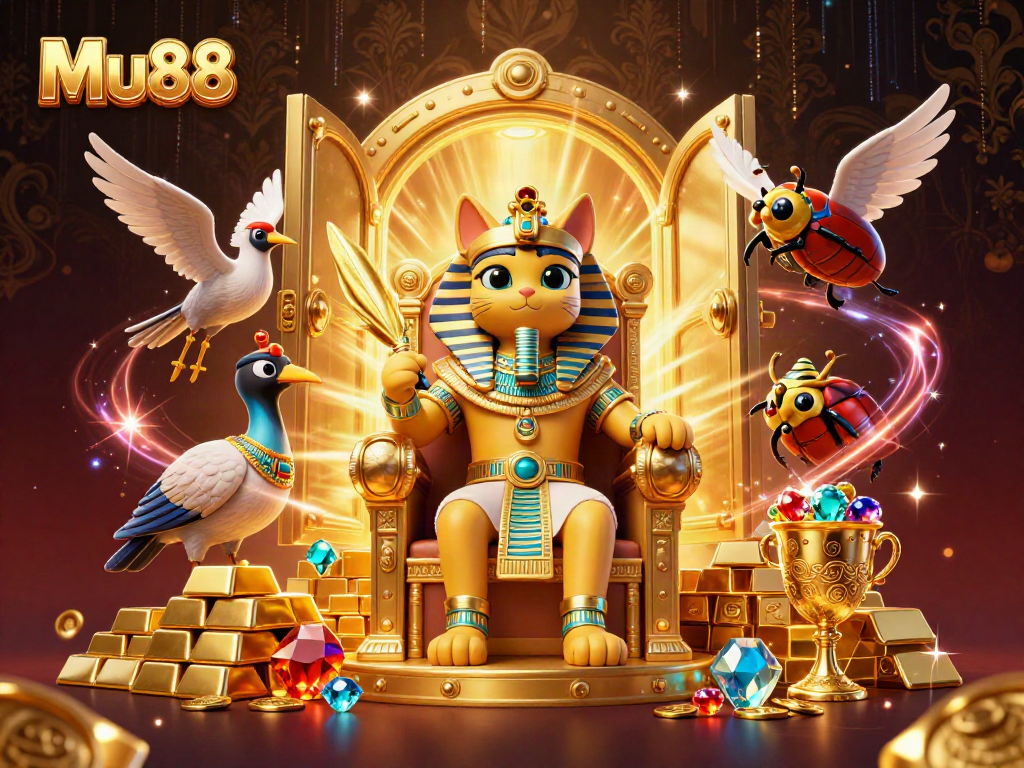 Experience the excitement of Mu88 with a vibrant scene featuring casino treasures and a pharaoh cat character.