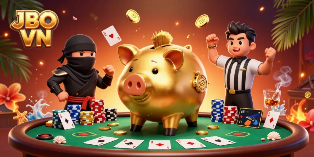 Experience the thrill of JBO VN as animated characters engage in a lively poker scene surrounded by vibrant casino elements.