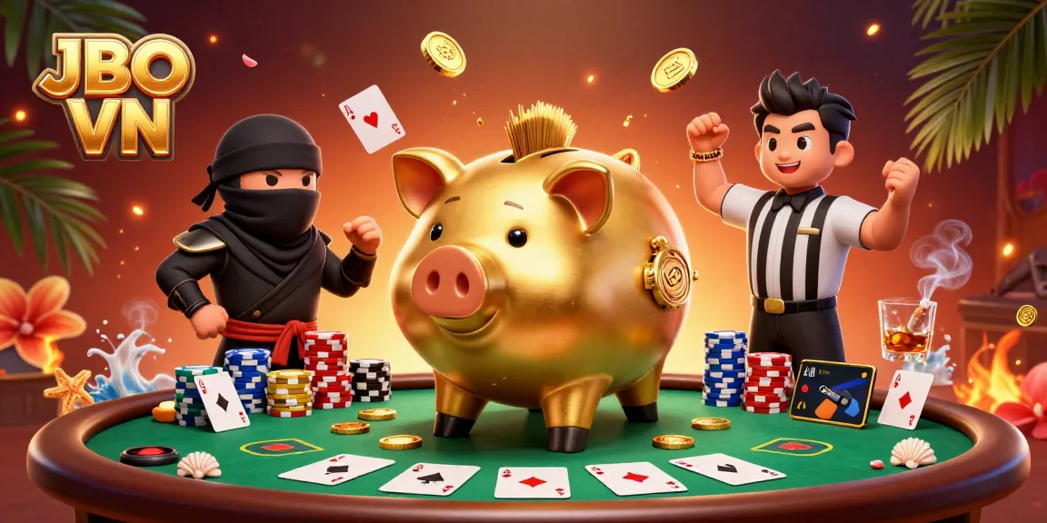 Experience the thrill of JBO VN as animated characters engage in a lively poker scene surrounded by vibrant casino elements.
