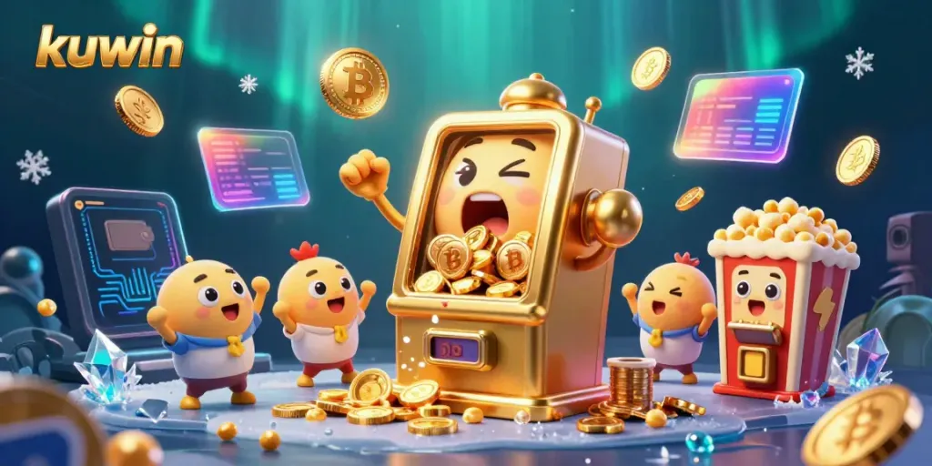 Kuwin slot machine hits jackpot with coins pouring out, surrounded by crypto coins and cheering characters.