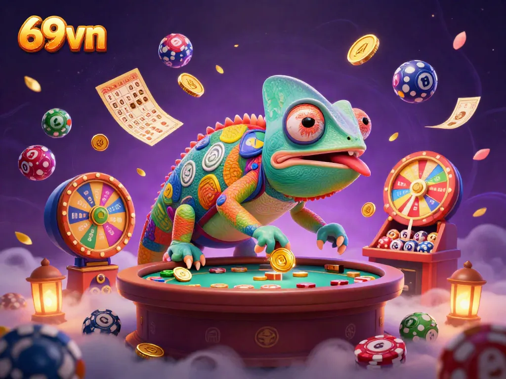 Experience excitement at 69vn with vibrant casino games and colorful elements surrounding the chameleon owner.