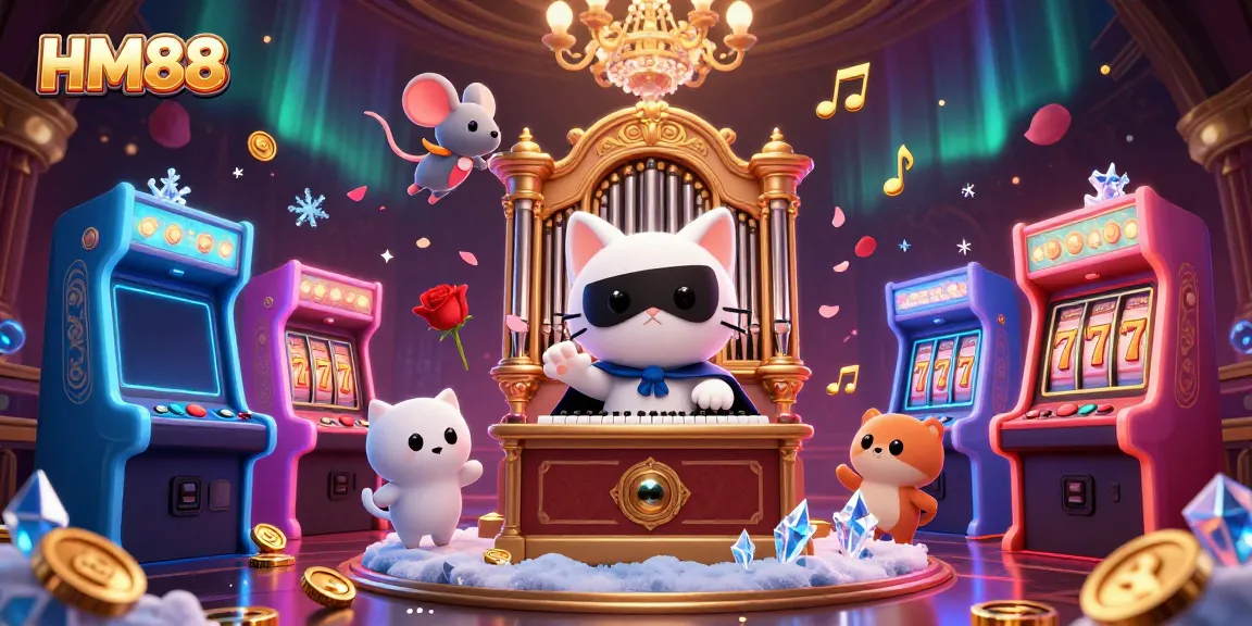 Playing at HM88 with a masked cat, mouse acrobat, game machines, and slots.