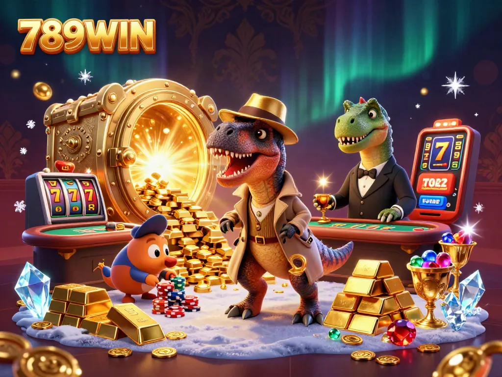 Experience the thrill of 789WIN casino with a cartoon velociraptor card counter and slot reels in a vibrant atmosphere.