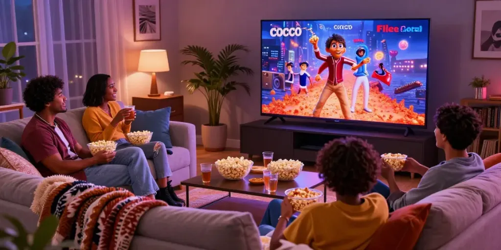CocoFlix free movies movie night with friends in a cozy living room.
