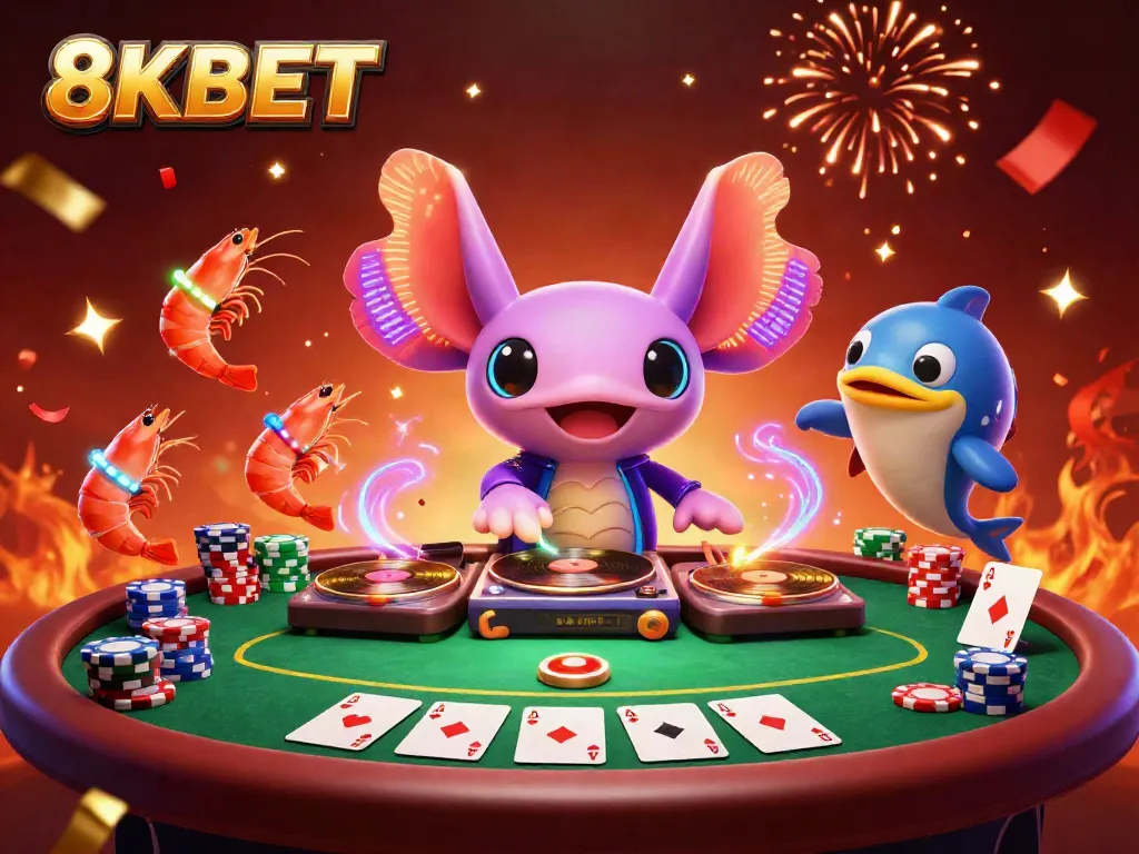 8KBET's vibrant underwater casino scene with a neon axolotl DJ and poker elements.
