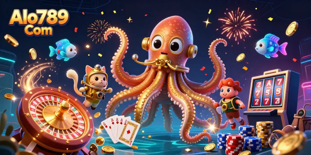 Engage in exciting gameplay at Alo789 Com with a vibrant scene of a kraken, a diving cat, and casino elements.