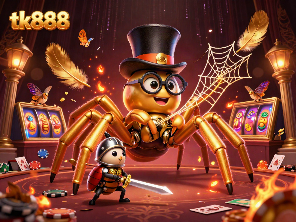 Engage in thrilling gaming at tk888 with vibrant 3D characters, golden elements, and dynamic casino atmosphere.