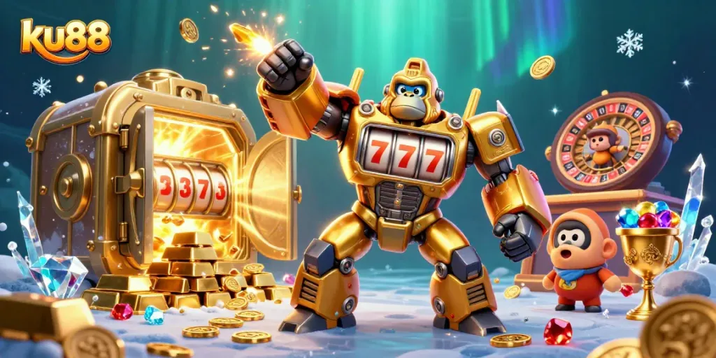 Engage with ku88's thrilling casino experience featuring a detailed 3D illustration of a golden gorilla mech.