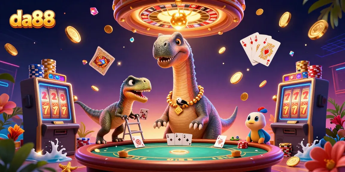Experience the thrill of da88 with a whimsical scene of a giant brontosaurus and clever raptor in a vibrant casino.