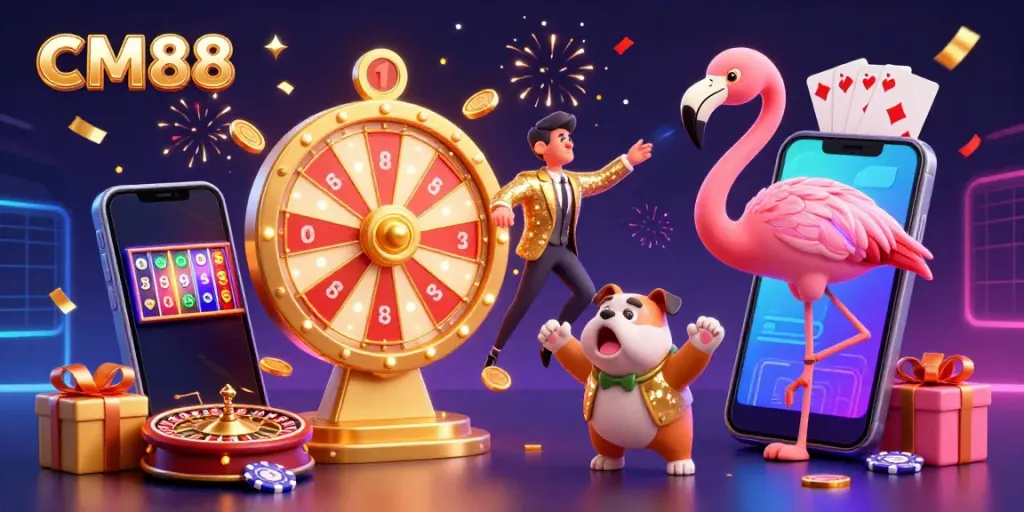 Experience excitement at CM88 with a lively game show scene featuring a flamingo game host, bulldog contestant, and cat assistant amidst casino elements.
